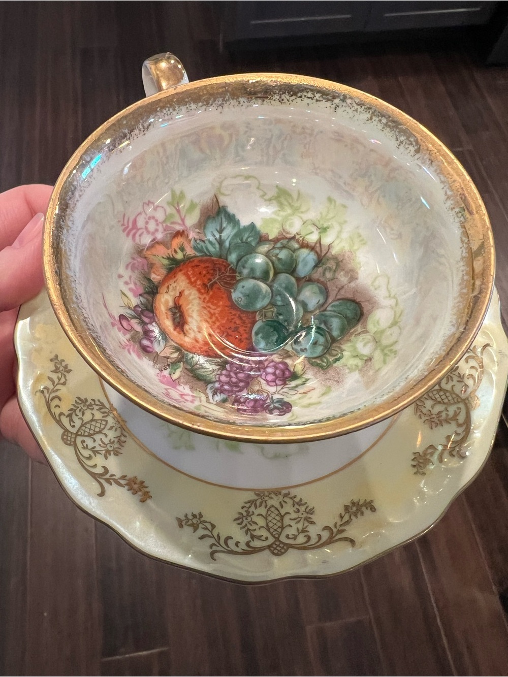Royal Halsey Fine China Iridescent Teacup & Saucer Fruit in Center